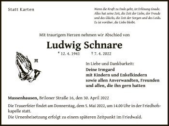 Traueranzeige von Ludwig Schnare von WLZ