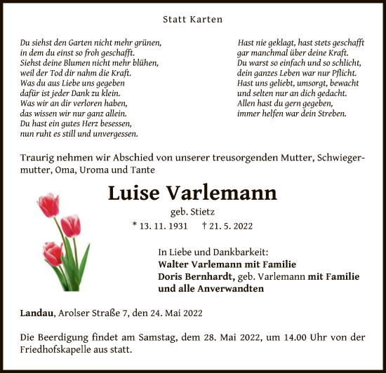 Traueranzeige von Luise Varlemann von WLZ