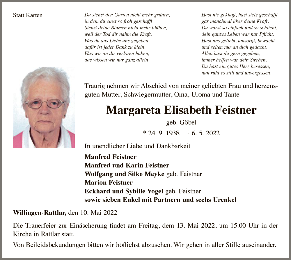  Traueranzeige für Margareta Elisabeth Feistner vom 10.05.2022 aus WLZ