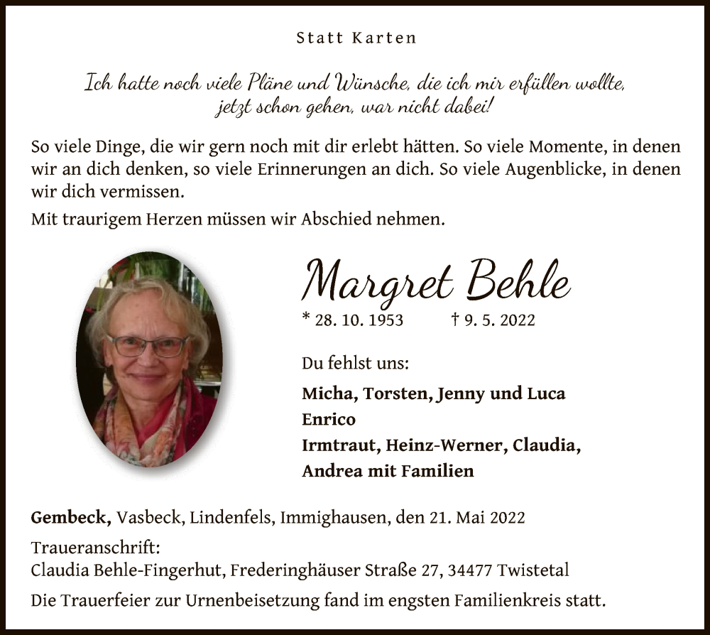  Traueranzeige für Margret Behle vom 21.05.2022 aus WLZ