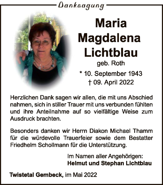 Traueranzeige von Maria Magdalena Lichtblau von WLZ