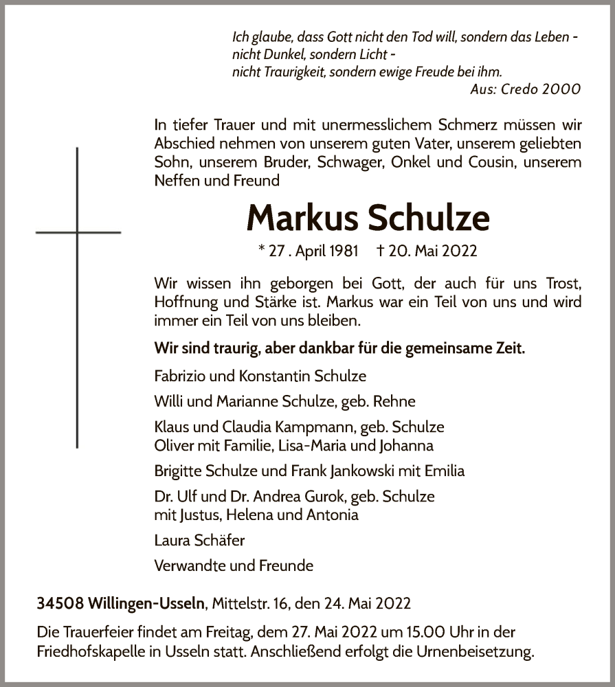 Traueranzeige für Markus Schulze vom 24.05.2022 aus WLZ