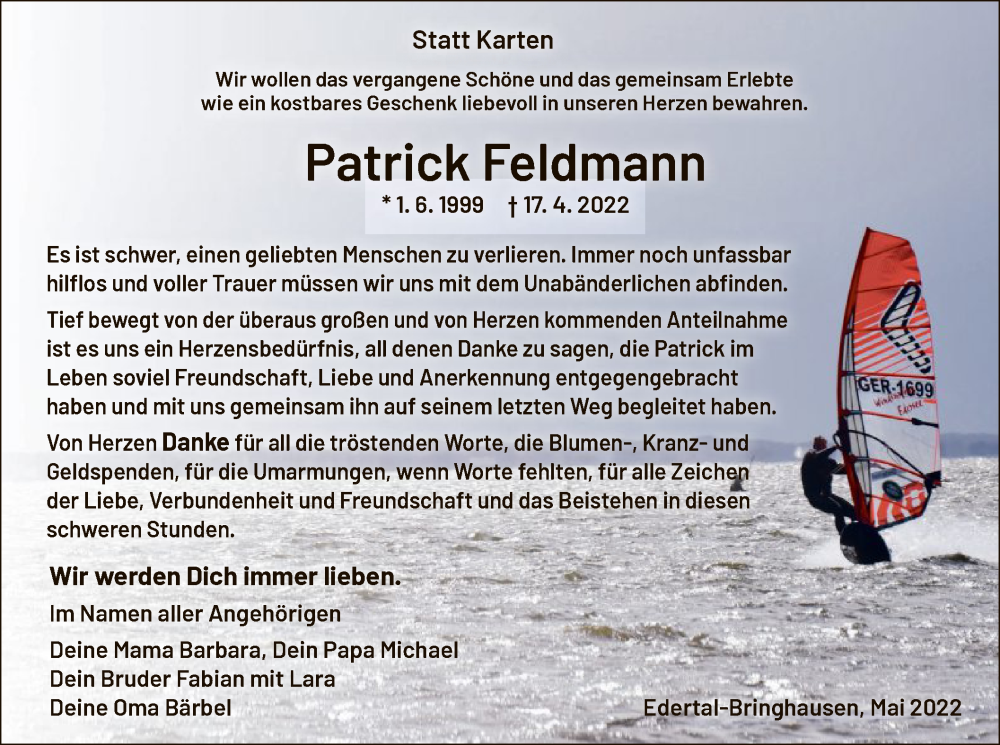  Traueranzeige für Patrick Feldmann vom 21.05.2022 aus WLZ