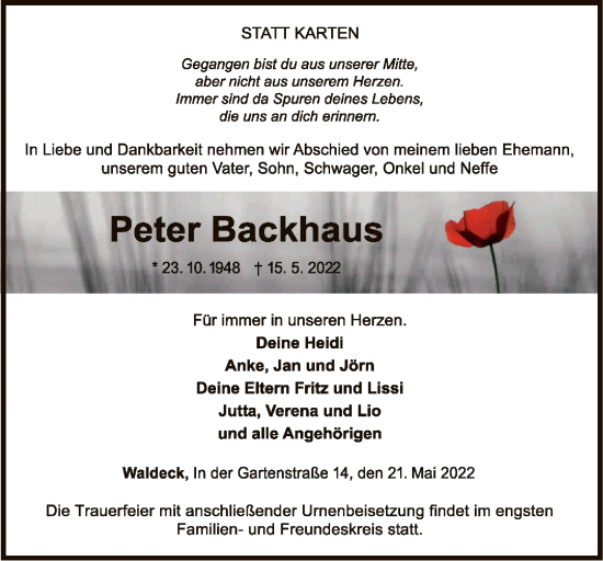 Traueranzeige von Peter Backhaus von WLZ