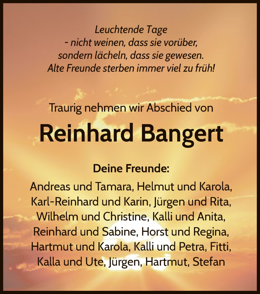  Traueranzeige für Reinhard Bangert vom 28.05.2022 aus WLZ