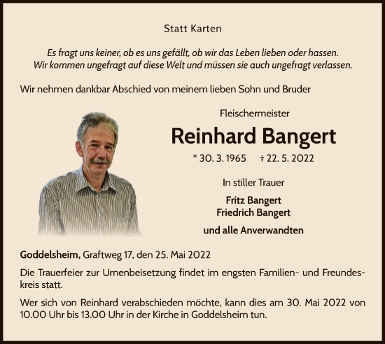 Traueranzeige von Reinhard Bangert von WLZ