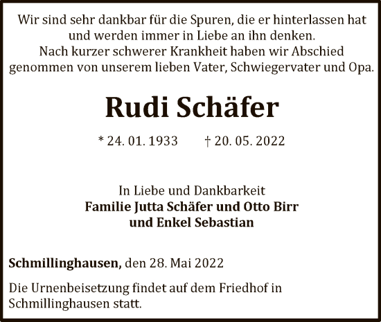 Traueranzeige von Rudi Schäfer von WLZ