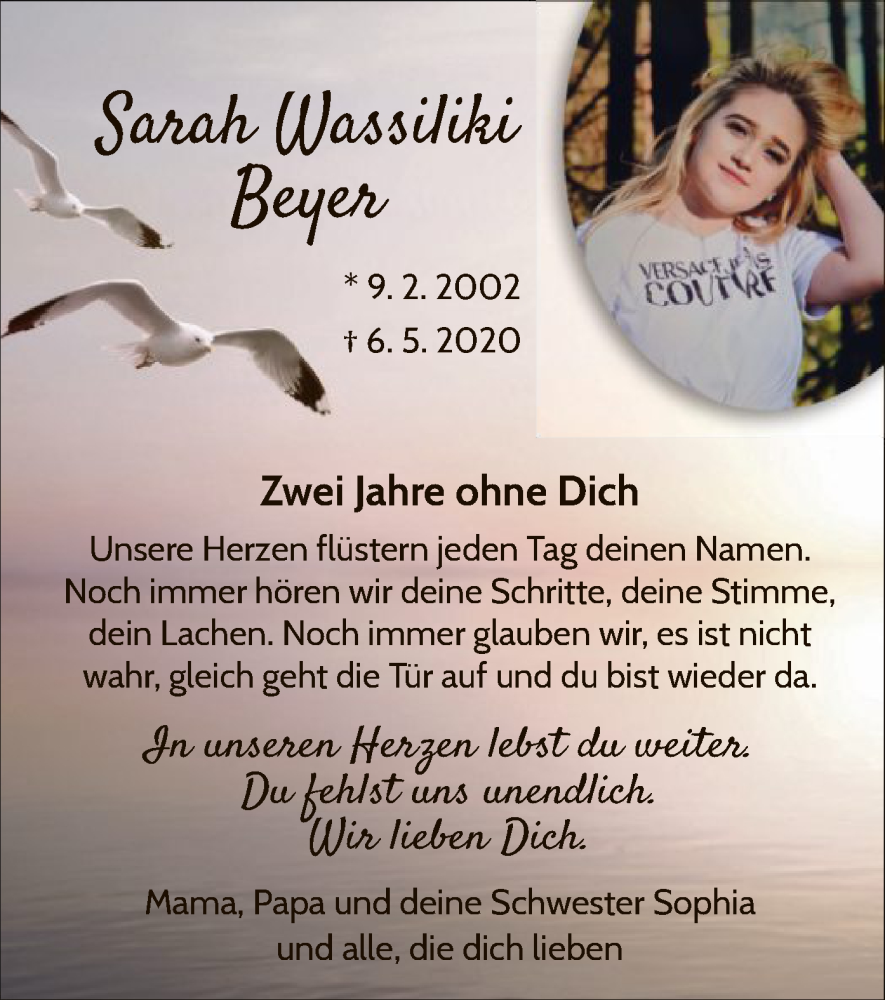  Traueranzeige für Sarah Wassiliki Beyer vom 06.05.2022 aus WLZ