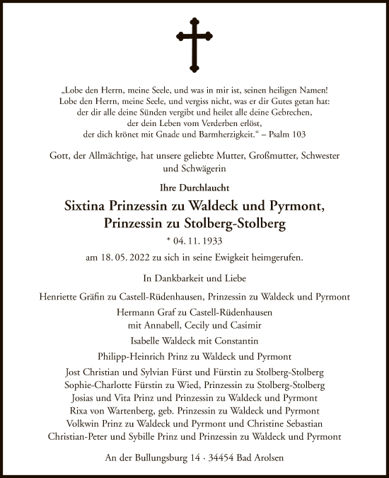 Traueranzeige von Sixtina Prinzessin zu Waldeck und Pyrmont Prinzessin zu Stolberg-Stolberg von WLZ