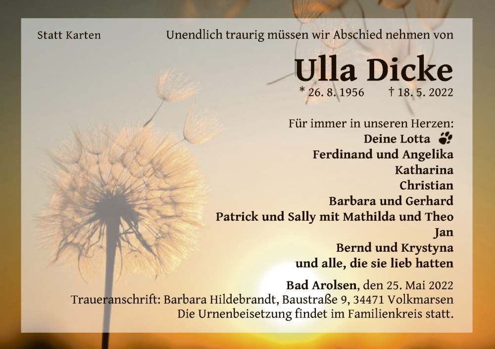  Traueranzeige für Ulla Dicke vom 25.05.2022 aus WLZ