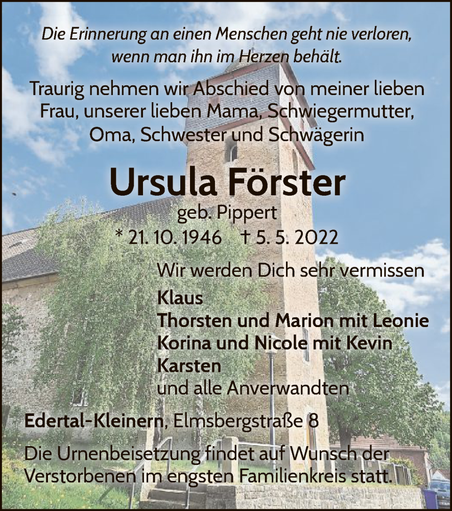  Traueranzeige für Ursula Förster vom 14.05.2022 aus WLZ