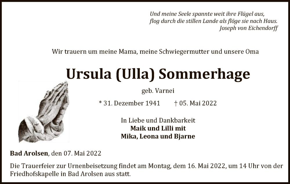  Traueranzeige für Ursula Sommerhage vom 07.05.2022 aus WLZ