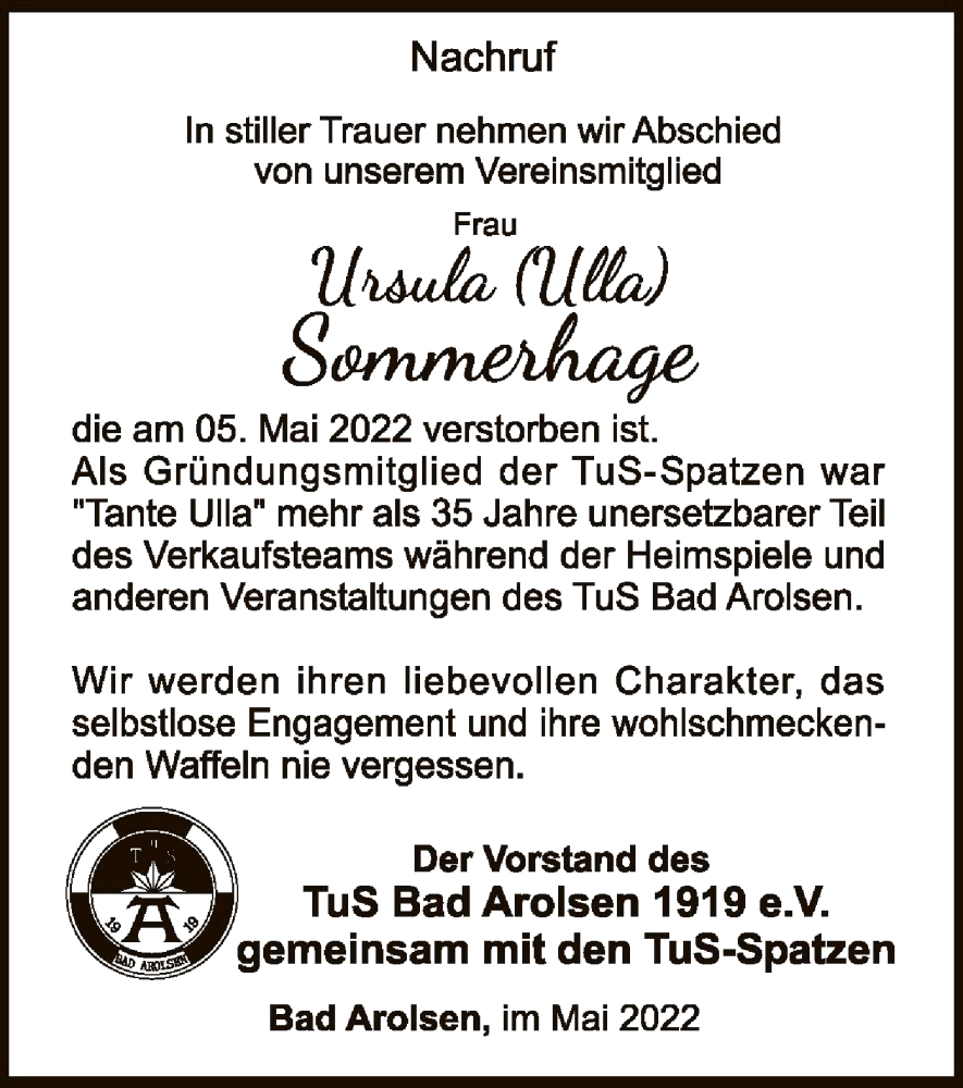  Traueranzeige für Ursula Sommerhage vom 14.05.2022 aus WLZ
