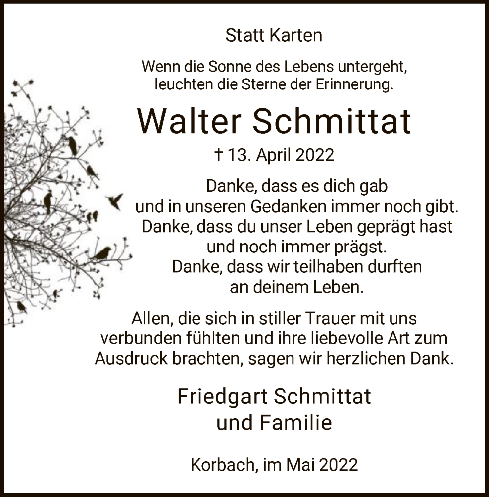 Traueranzeige für Walter Schmittat vom 14.05.2022 aus WLZ