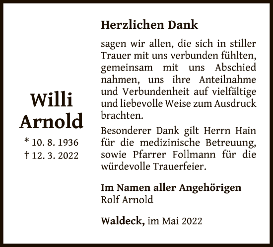 Traueranzeige von Willi Arnold von WLZ