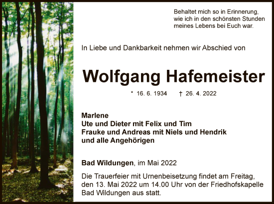 Traueranzeige von Wolfgang Hafemeister von WLZ