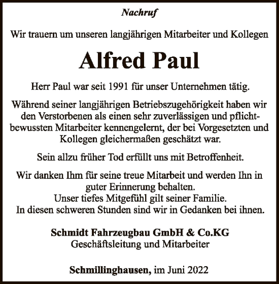 Traueranzeige von Alfred Paul von WLZ