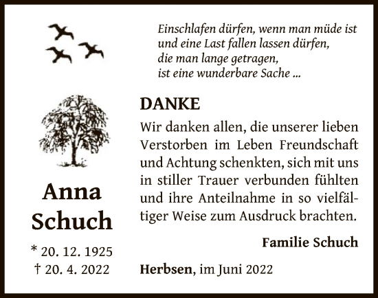 Traueranzeige von Anna Schuch von WLZ