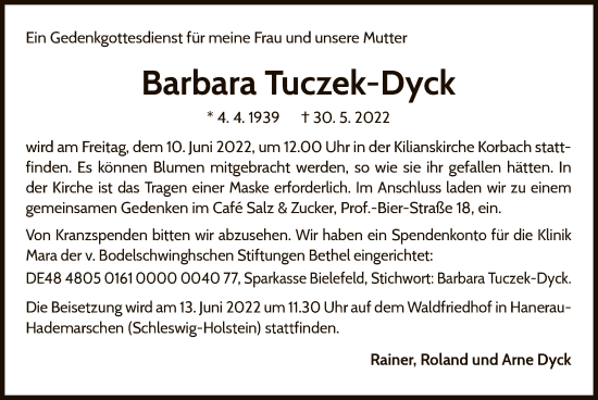 Traueranzeige von Barbara Tuczek-Dyck von WLZ