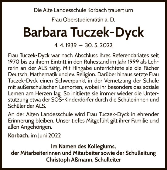 Traueranzeige von Barbara Tuczek-Dyck von WLZ