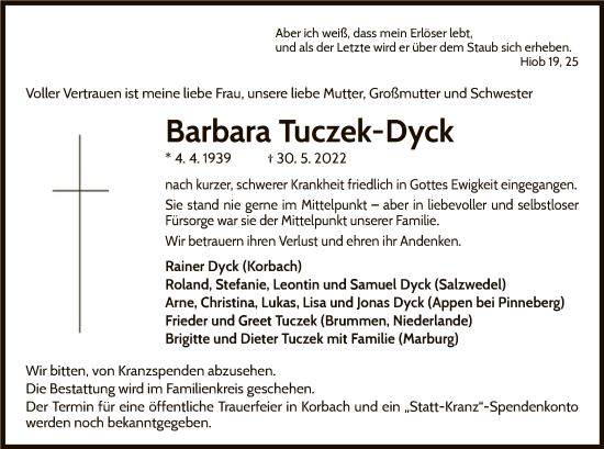 Traueranzeige von Barbara Tuczek-Dyck von WLZ