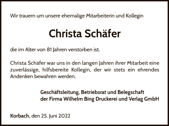 Traueranzeige von Christa Schäfer von WLZ