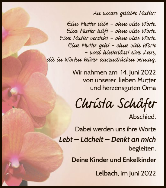 Traueranzeige von Christa Schäfer von WLZ