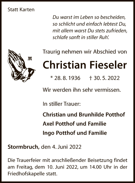 Traueranzeige von Christian Fieseler von WLZ