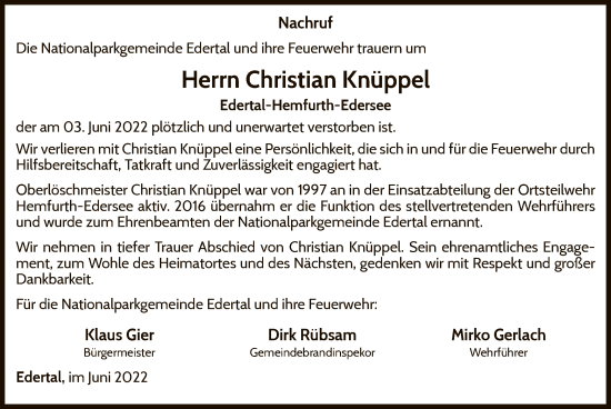 Traueranzeige von Christian Knüppel von WLZ