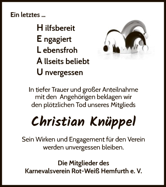 Traueranzeige von Christian Knüppel von WLZ