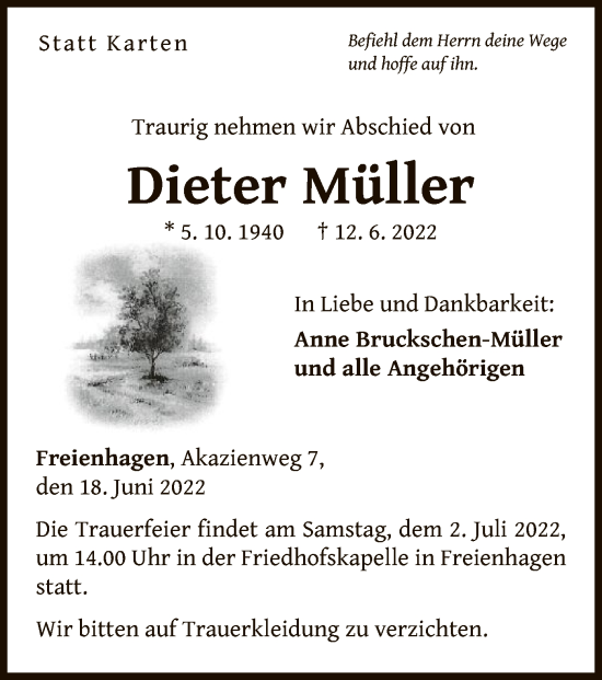 Traueranzeige von Dieter Müller von WLZ