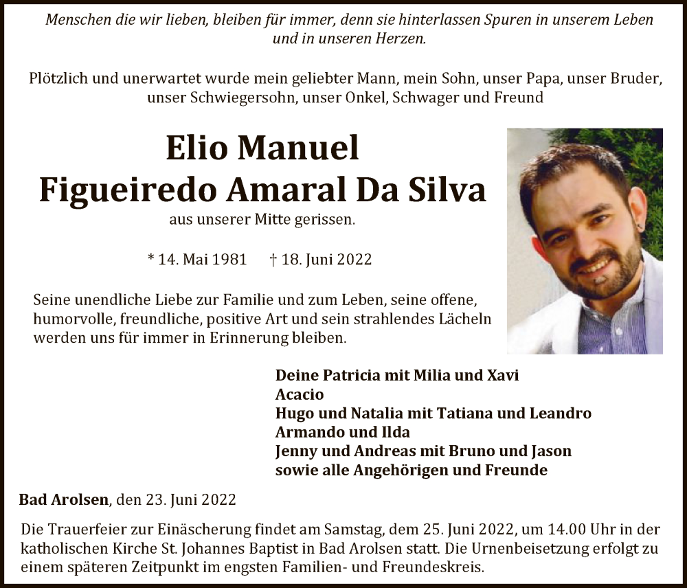  Traueranzeige für Elio Manuel Figueiredo Amaral Da Silva vom 23.06.2022 aus WLZ