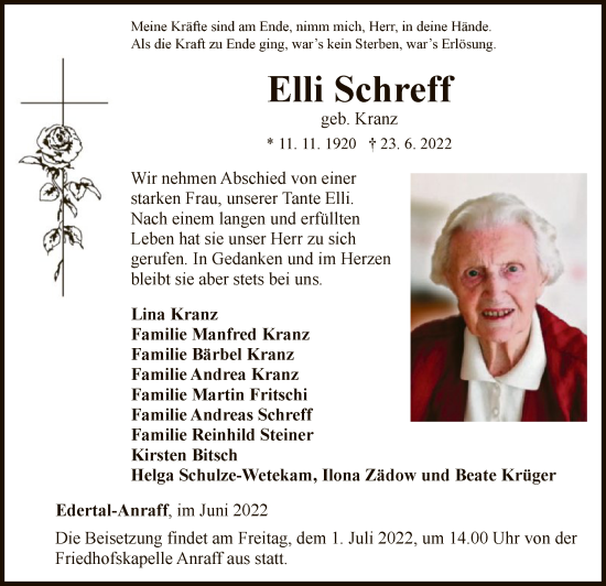 Traueranzeige von Elli Schreff von WLZ