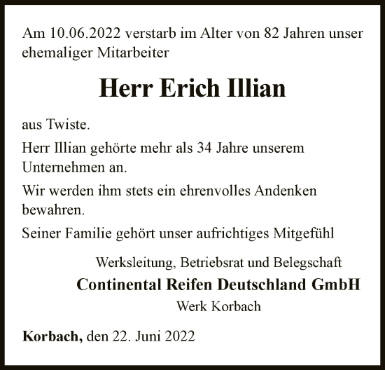 Traueranzeige von Erich Illian von WLZ