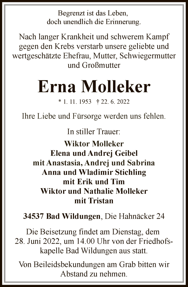  Traueranzeige für Erna Molleker vom 25.06.2022 aus WLZ