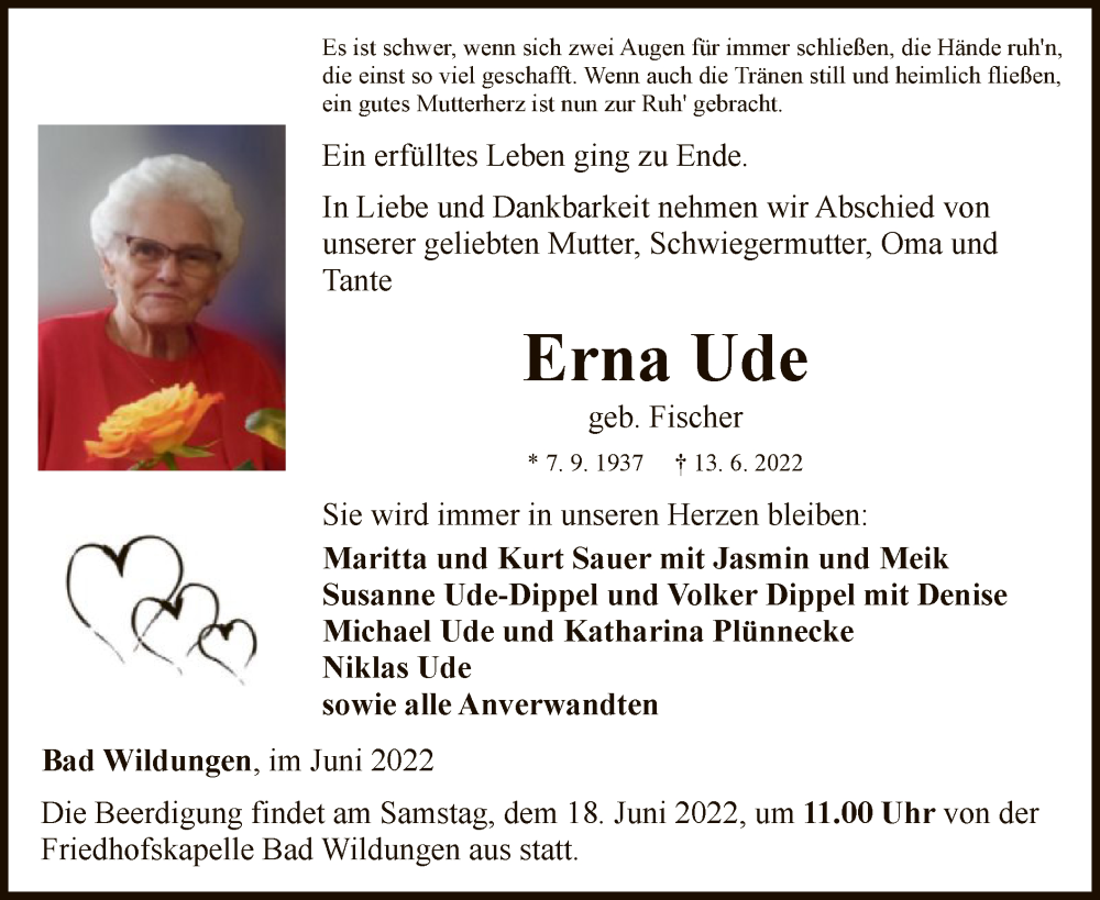  Traueranzeige für Erna Ude vom 15.06.2022 aus WLZ