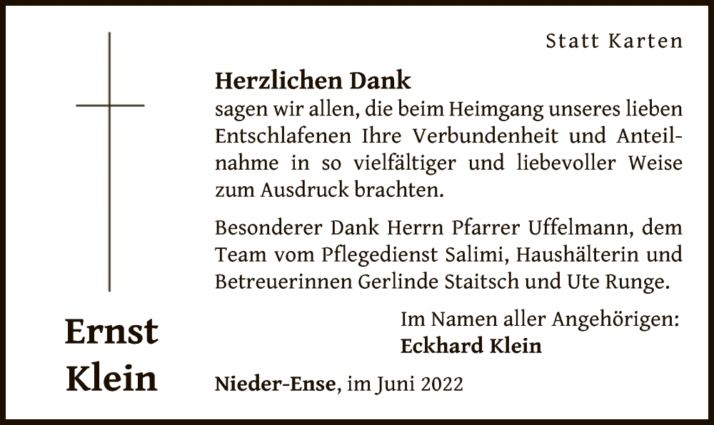  Traueranzeige für Ernst Klein vom 18.06.2022 aus WLZ