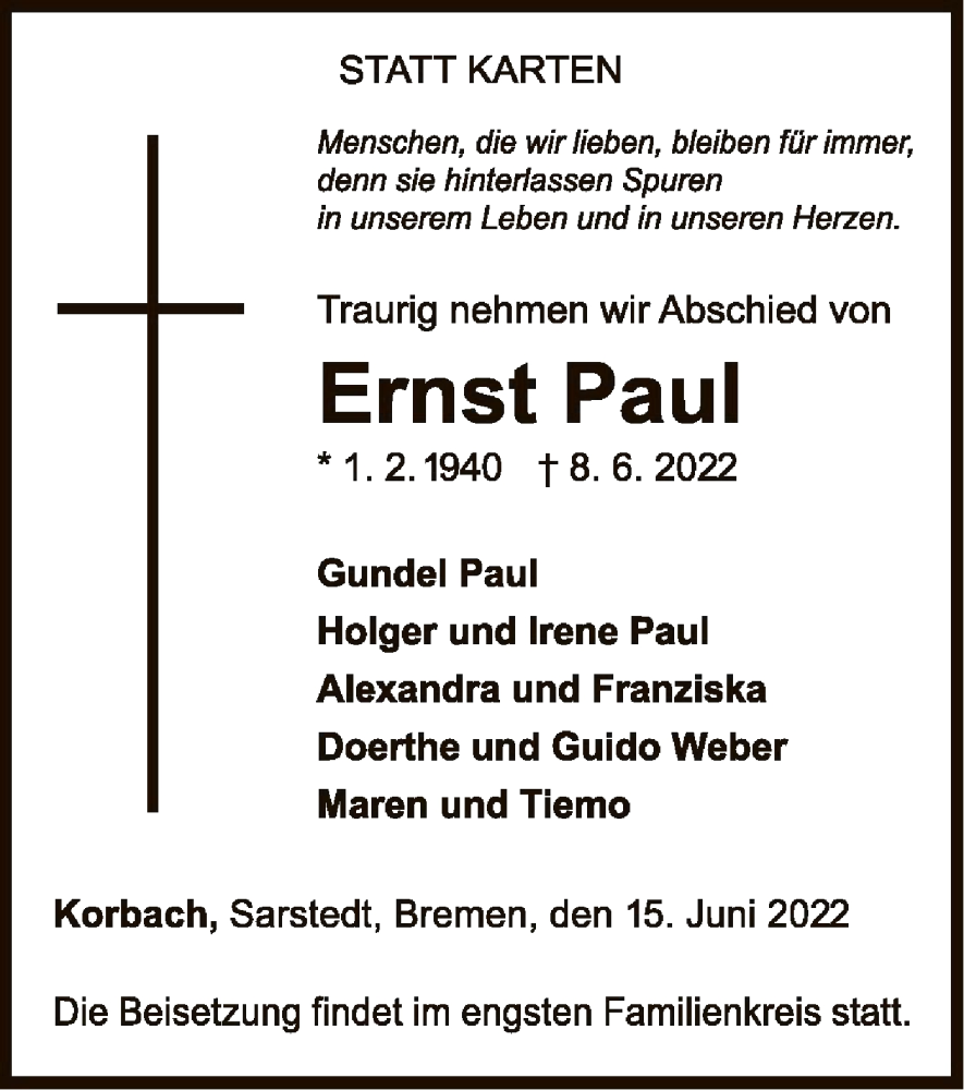  Traueranzeige für Ernst Paul vom 15.06.2022 aus WLZ