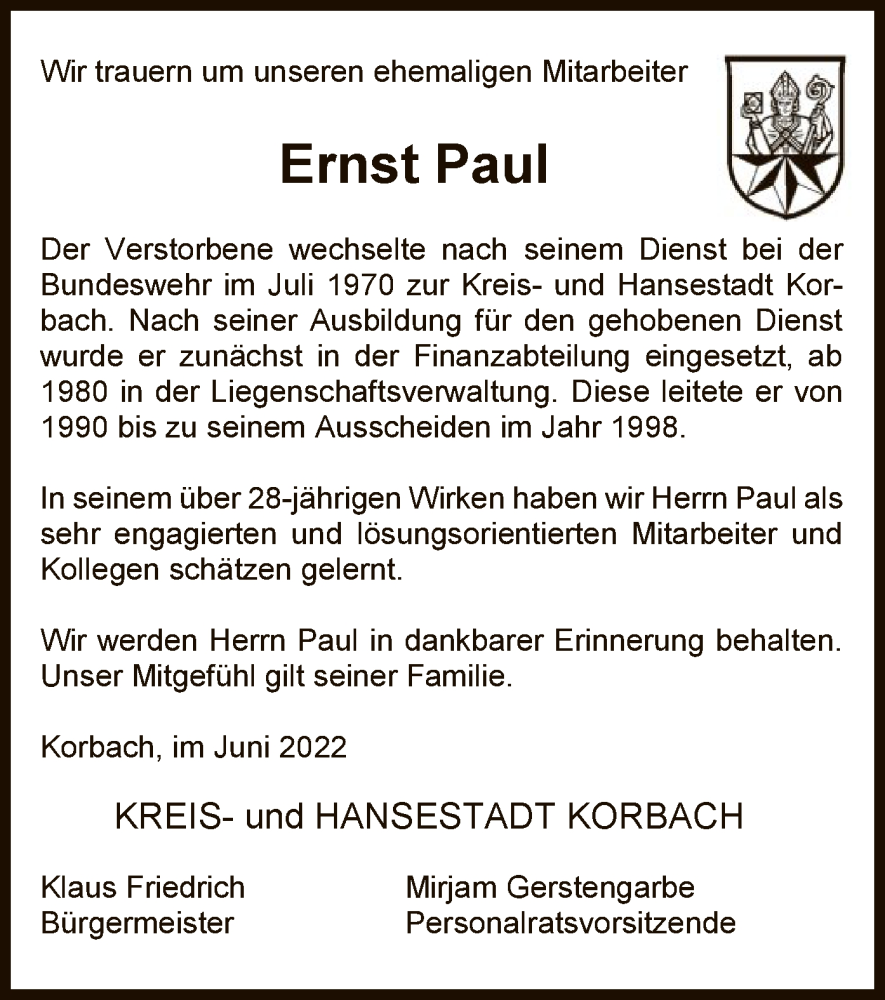  Traueranzeige für Ernst Paul vom 18.06.2022 aus WLZ
