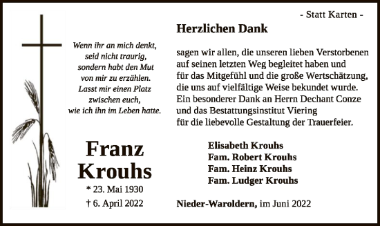 Traueranzeige von Franz Krouhs von WLZ