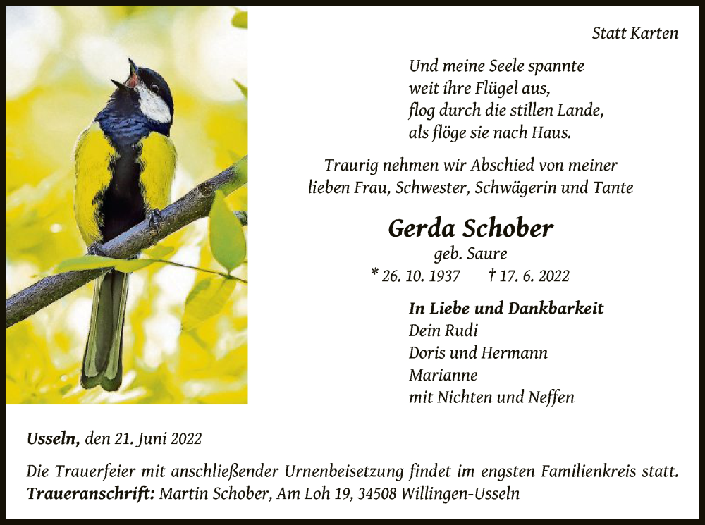  Traueranzeige für Gerda Schober vom 21.06.2022 aus WLZ