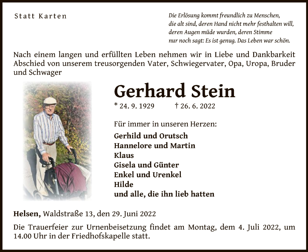  Traueranzeige für Gerhard Stein vom 29.06.2022 aus WLZ
