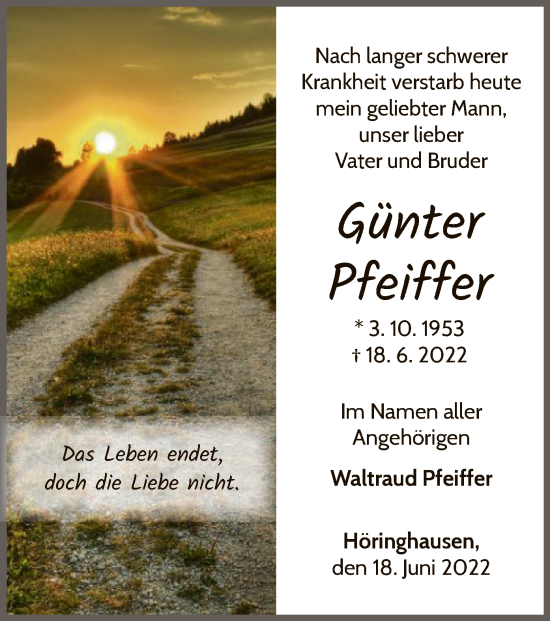 Traueranzeige von Günter Pfeiffer von WLZ