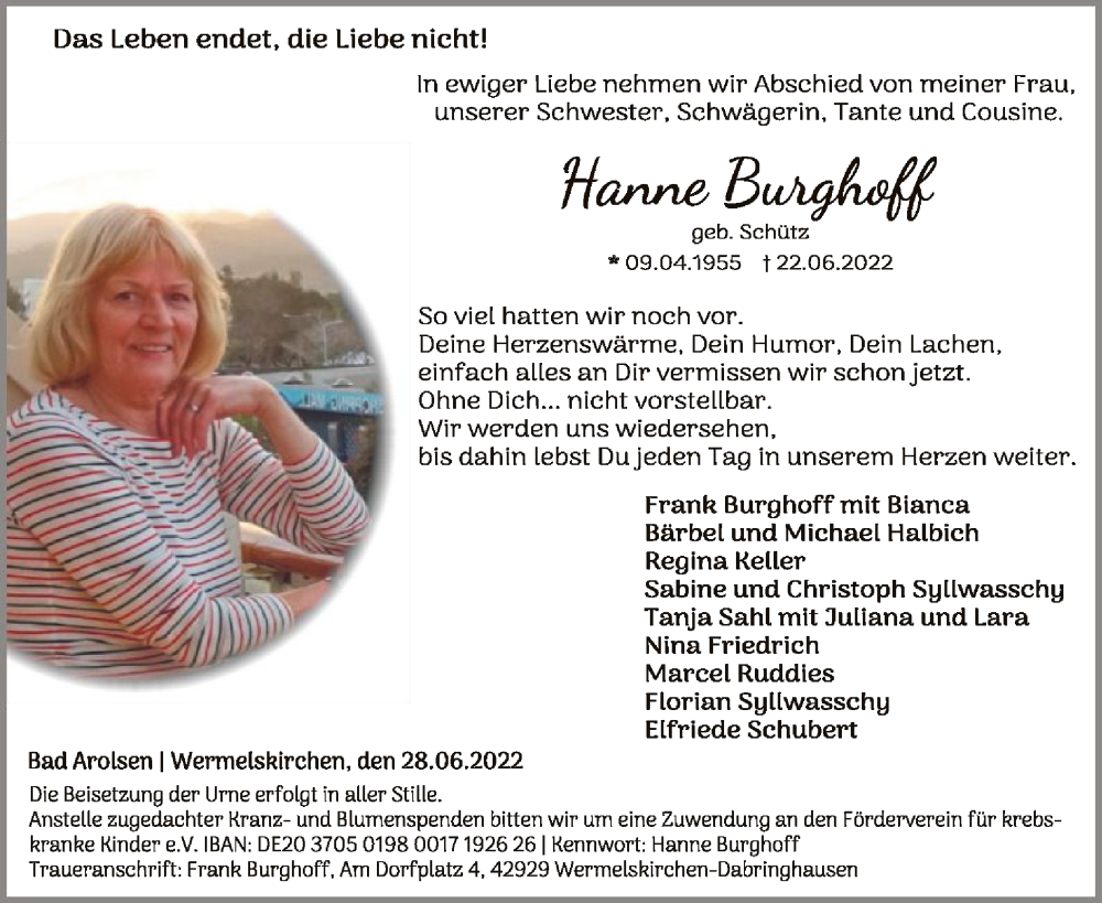  Traueranzeige für Hanne Burghoff vom 28.06.2022 aus WLZ