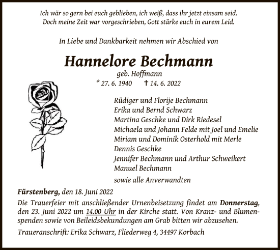 Traueranzeige von Hannelore Bechmann von WLZ