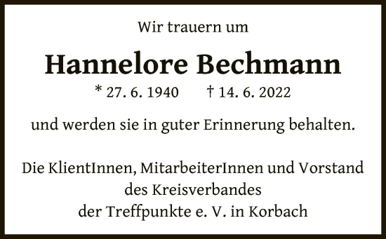 Traueranzeige von Hannelore Bechmann von WLZ