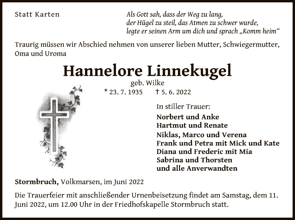  Traueranzeige für Hannelore Linnekugel vom 09.06.2022 aus WLZ