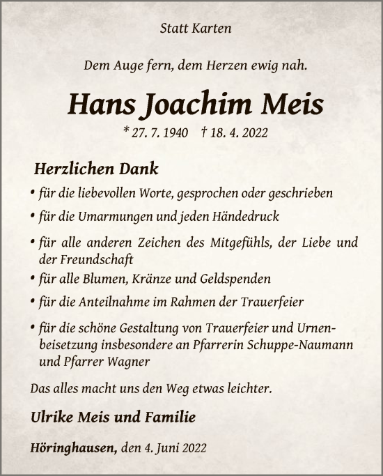 Traueranzeige von Hans Joachim Meis von WLZ