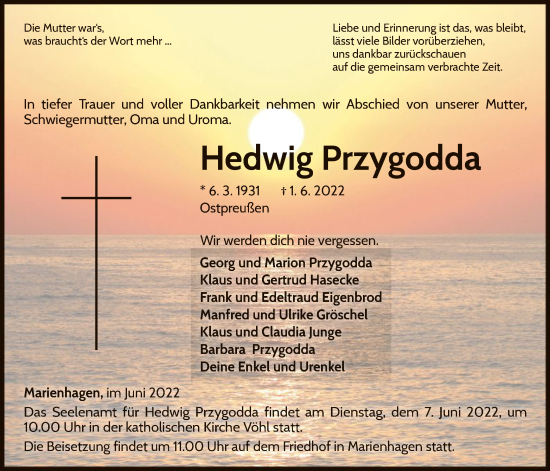 Traueranzeige von Hedwig Przygodda von WLZ