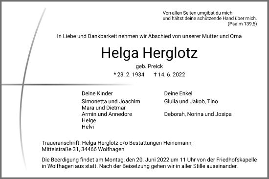 Traueranzeige von Helga Herglotz von HNA